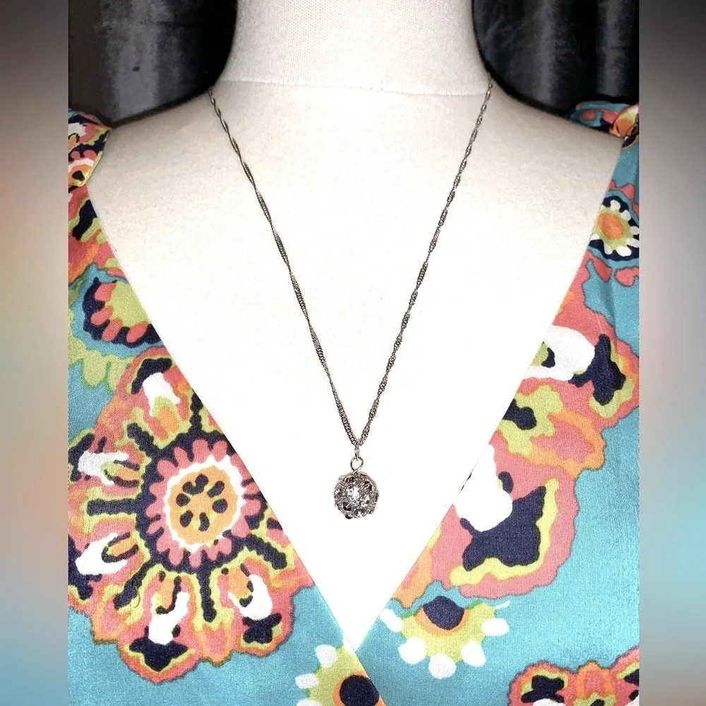 Crystal Ball Silver Necklace 24-27 inches long